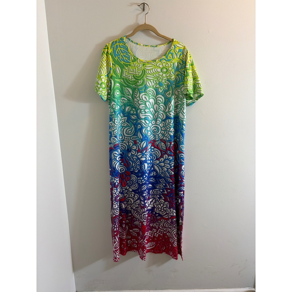 Rainbow Ombre Floral Mandala Maxi‎ Dress Short Sleeve Side Slits XL